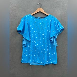 Ann Taylor LOFT Woman’s Flutter Sleeve Blouse Small Blue With Polka Dots